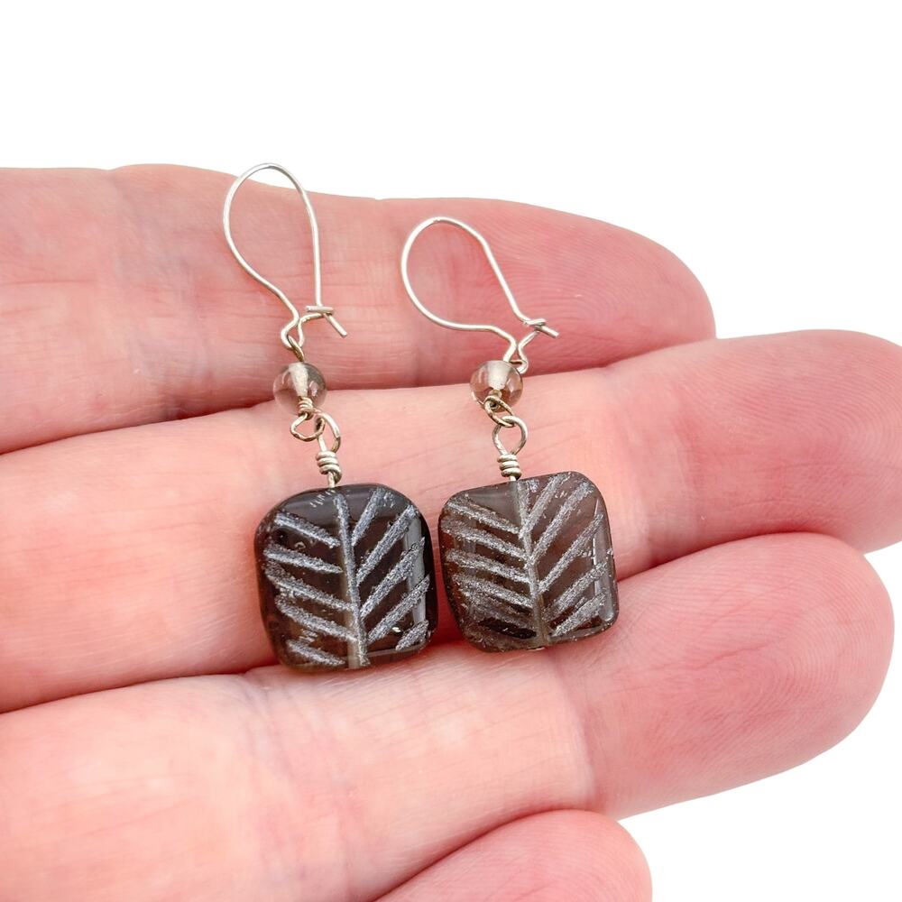 Vintage Sterling Silver 925 Smoky Quartz Etched Leaf Earrings